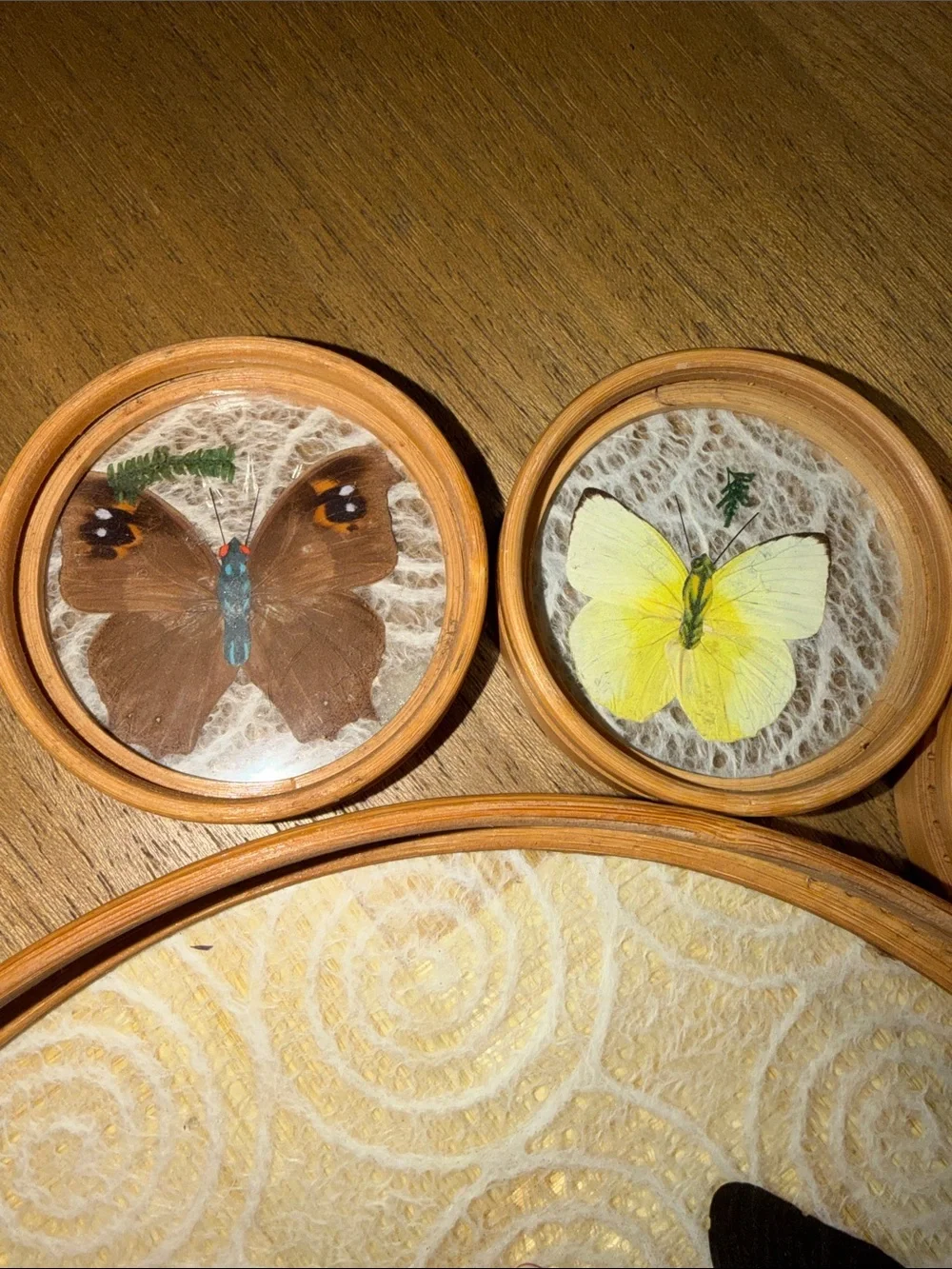 Vintage 70’s Bamboo-Wicker Framed Butterfly/Ferns Serving Tray/ Coasters